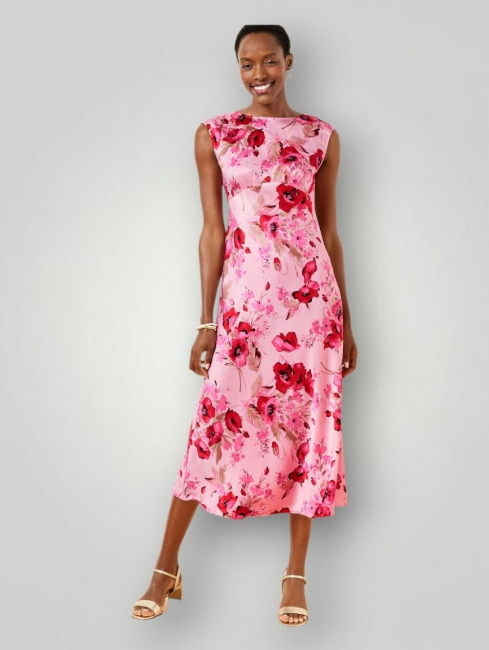 Talbots‎ Satin Midi Dress Sz 2 Pink Floral Poppy Print Sleeveless New